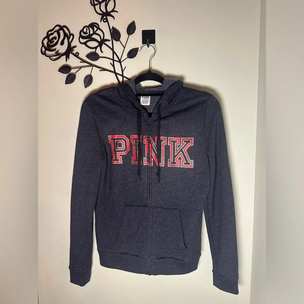 Pink Victoria's Secret Full Zip Grey Red Plaid Jacket Womens Small - Picture 2 of 6